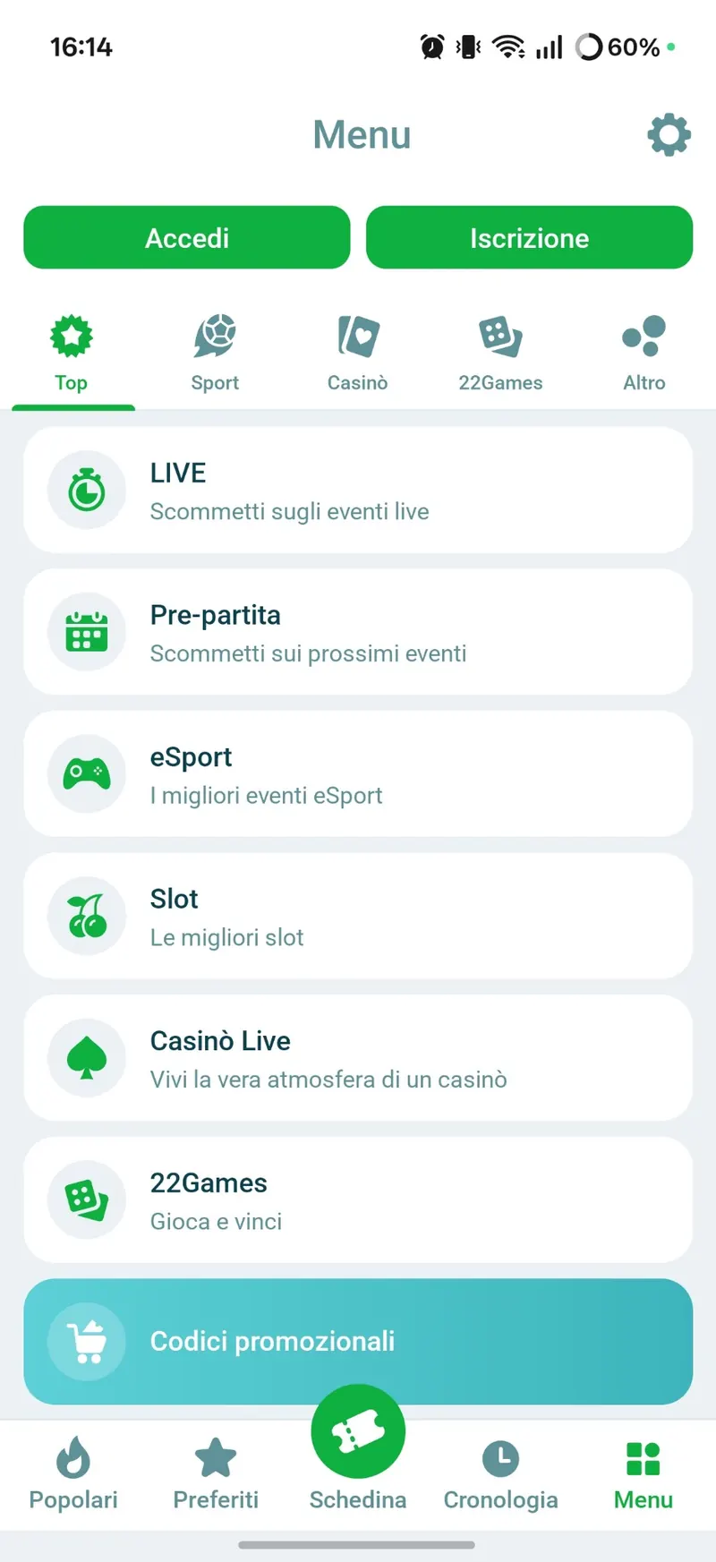 Menu dell'area mobile di 22Bet con le sezioni Sport, Casinò e 22Games e i pulsanti Accedi/Iscrizione