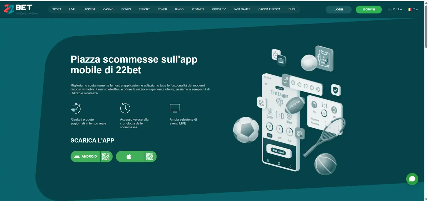 Pagina mobile ufficiale di 22Bet dedicata all'app e alla versione mobile