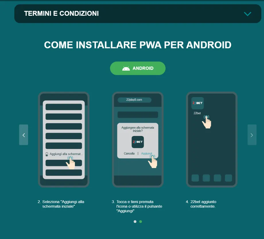 Istruzioni PWA per Android mostrate nell'area mobile ufficiale di 22Bet