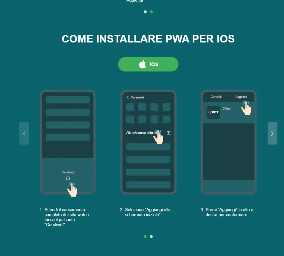Istruzioni PWA per iOS mostrate nell'area mobile ufficiale di 22Bet