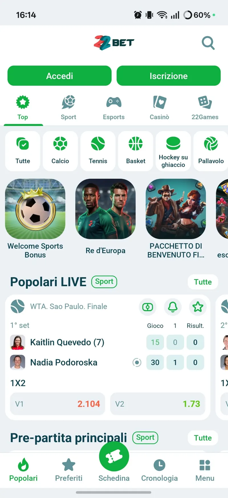 Schermata della sezione Sport nell'interfaccia mobile di 22Bet